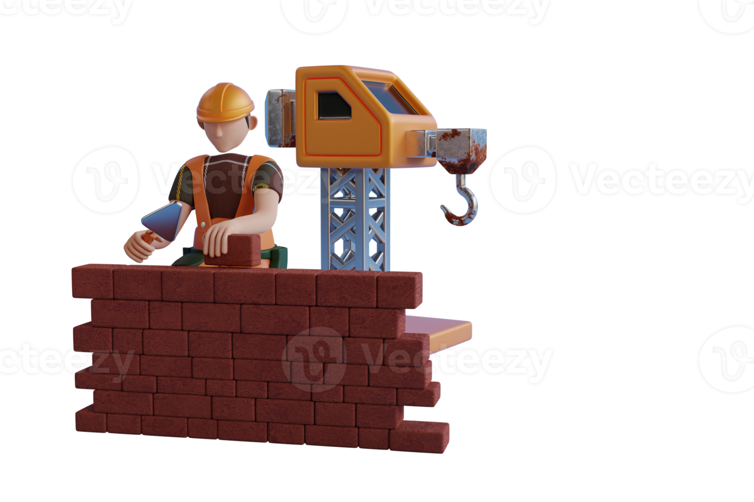 3d constructeur pose vers le bas briques.3d homme construction ouvrier avec bâtiment matériel. 3d illustration png