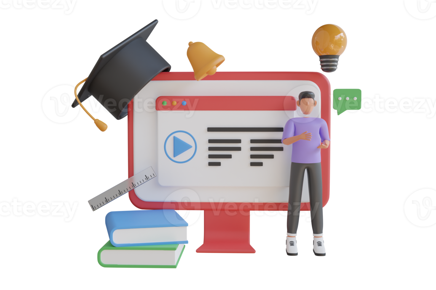 Online education concept 3D illustration. Video lectures and lessons on educational platform, viewing webinars, video chats with teachers, e-learning. 3d illustration png