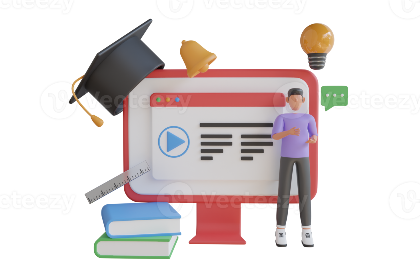 uppkopplad utbildning begrepp 3d illustration. video föredrag och lektioner på pedagogisk plattform, visning webbseminarier, video chatt med lärare, e-lärande. 3d illustration png