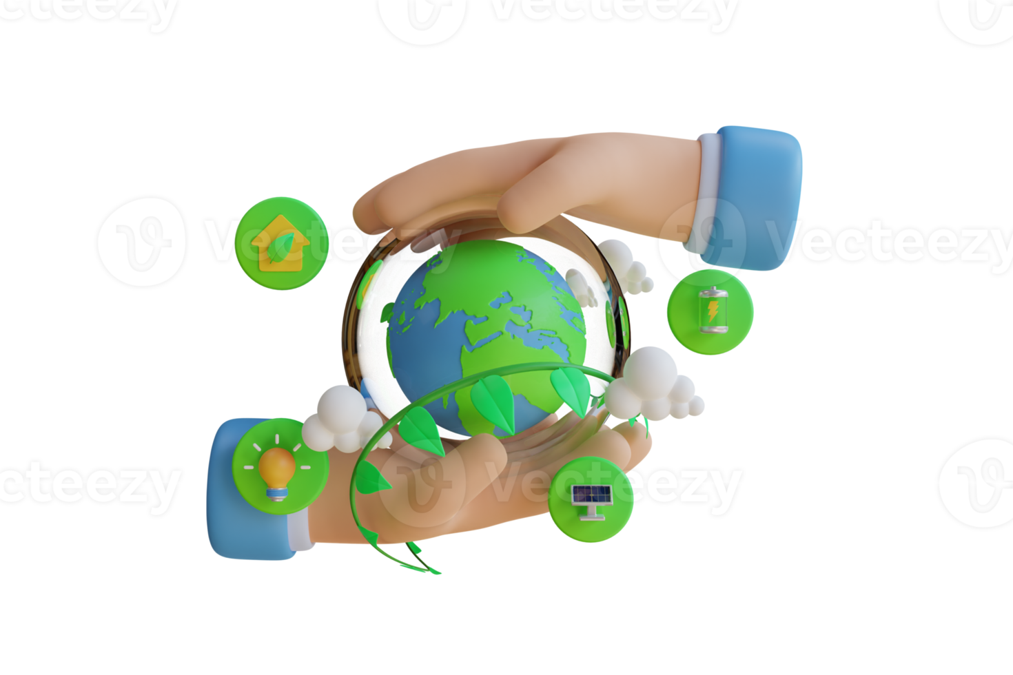 3d representación concepto ambiente y ecología. mano participación tierra y ligero bulbo, ciudad con viento turbinas y árbol. eco simpático limpiar energía, tierra día mundo ambiente . 3d hacer png