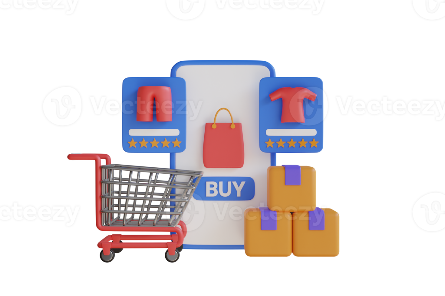 3d shopping bag rating five stars for best excellent product review rating for online shop concept. Online shopping customer satisfaction concept with five star rate review. 3D Rendering png