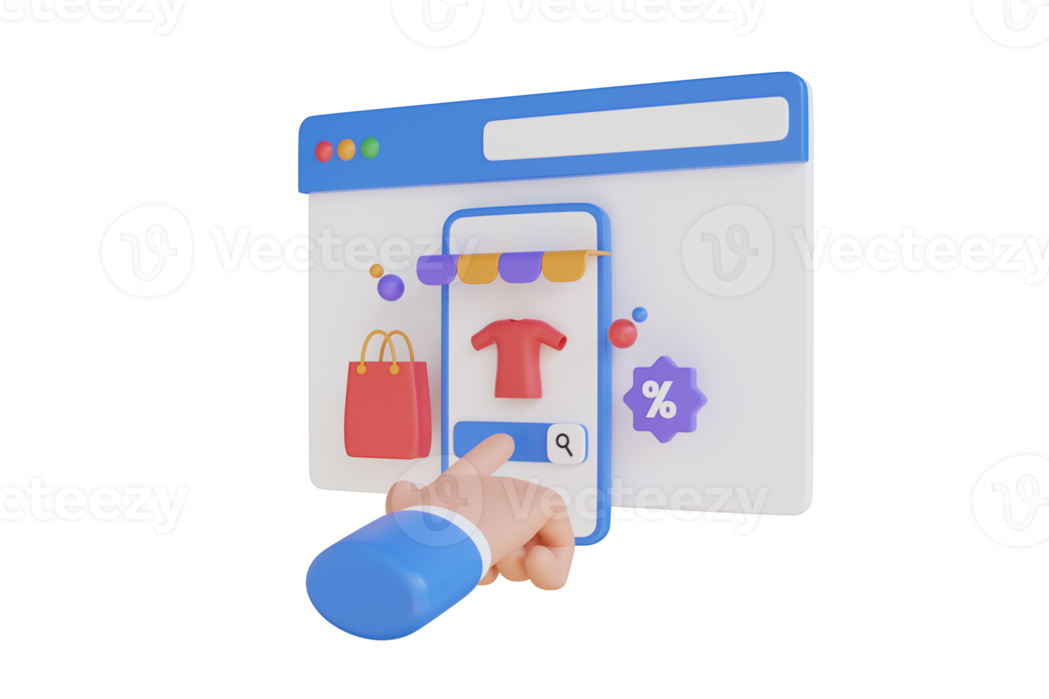 3d illustration of Select and search for online shopping items.  shopping online using smartphone. Online shopping concept and product selection concept. 3D Rendering png