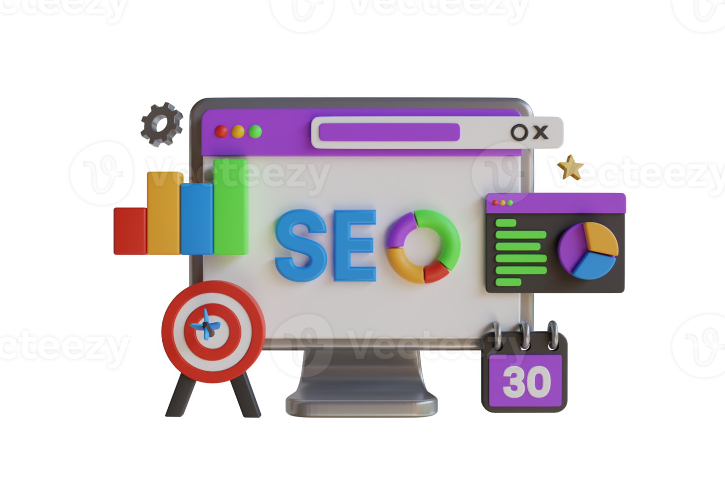 3D SEO Optimization, web analytics and seo marketing.  seo interface for website strategy and research planing in 3d laptop computer. Strategy and Planing website. 3D rendering png