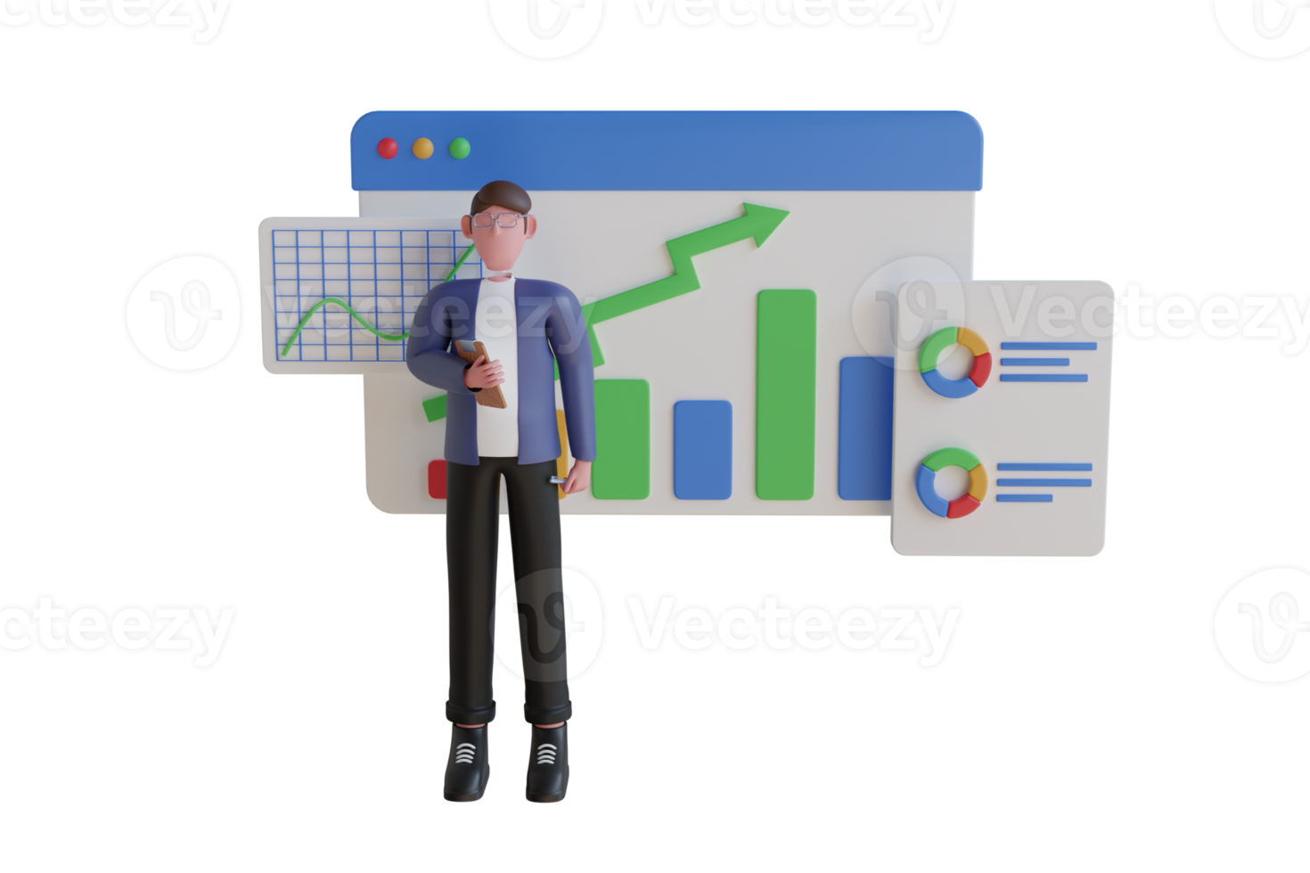 3D illustration of man researching a business dashboard with graphs and infographics. businessman, successful investor and money tree. Financial growth concept. 3D illustration png