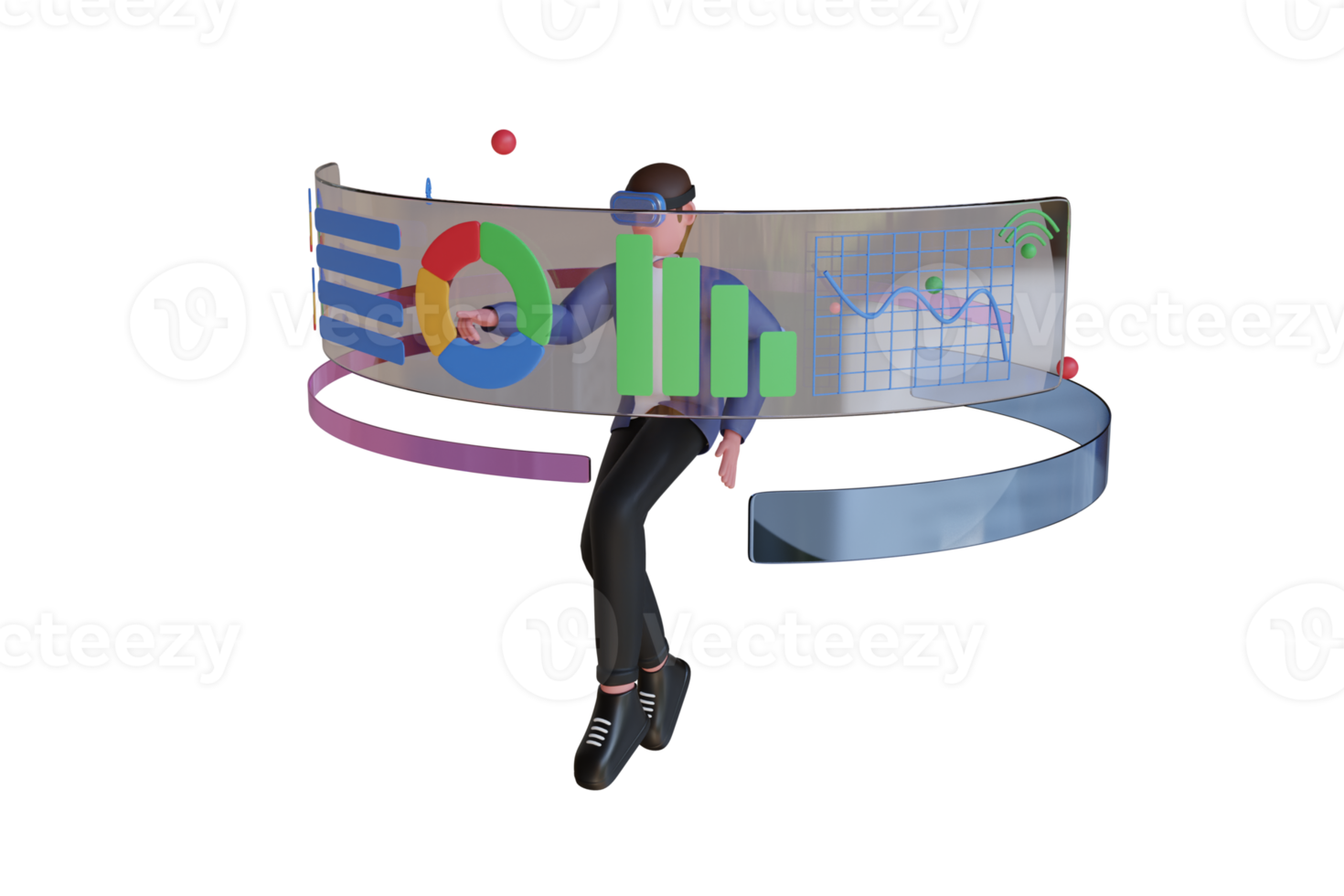 Geschäftsmann tragen virtuell Wirklichkeit Brille und Verwaltung Infografik. Geschäftsmann tun Analyse mit vr. Geschäftsmann mit virtuell Wirklichkeit Brille und berühren vr Schnittstelle. 3d Illustration. png