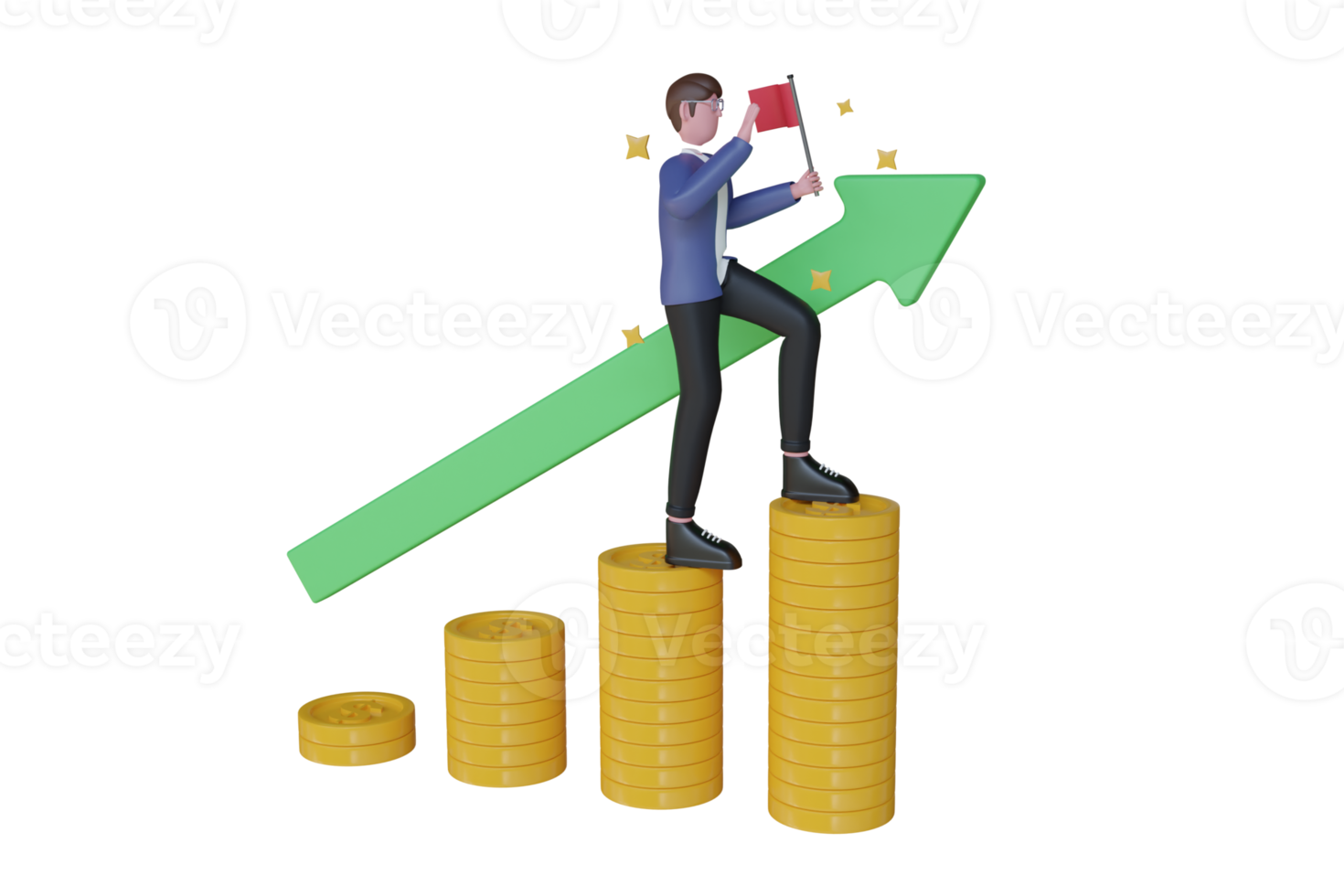 3d illustration de homme d'affaire avec or pièces de monnaie et graphique La Flèche. réussi homme d'affaire escalade à le Haut de pièce de monnaie piles. entreprise, salaire, profit, la finance et économie concept. 3d illustration png