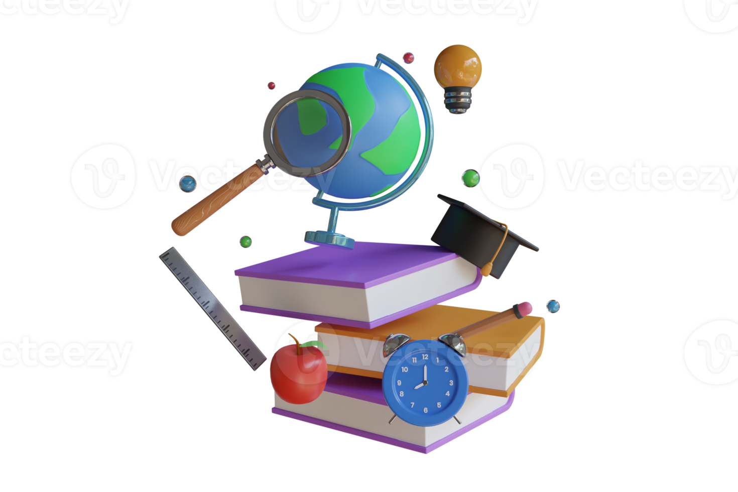 3D Books with alarm clock. Back to school concept. School time concept. 3D Illustration png