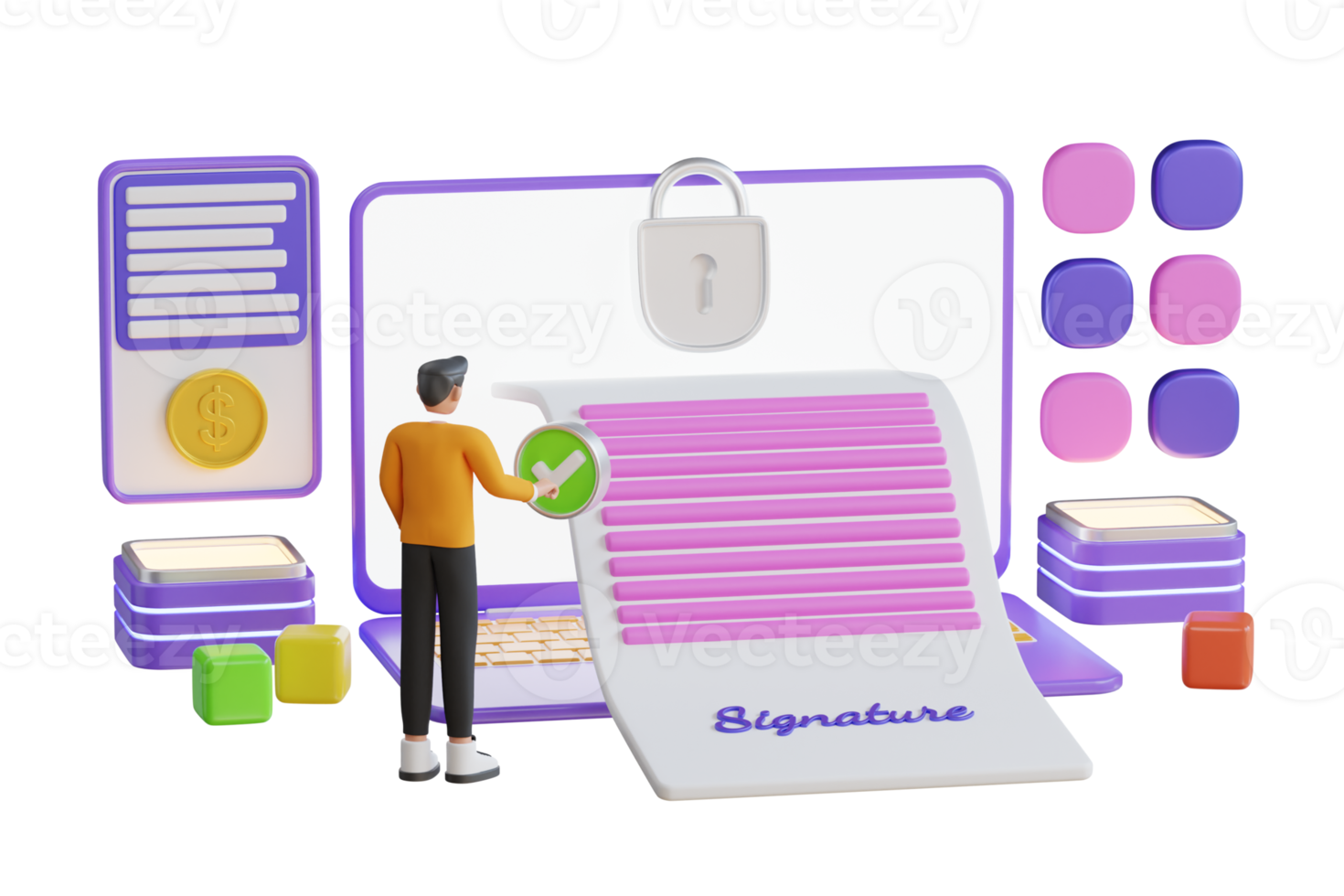 3D Illustration of Smart business contract. Man putting esignature into legal document. Digital signature concept. Businessman signing an agreement or contract online. png