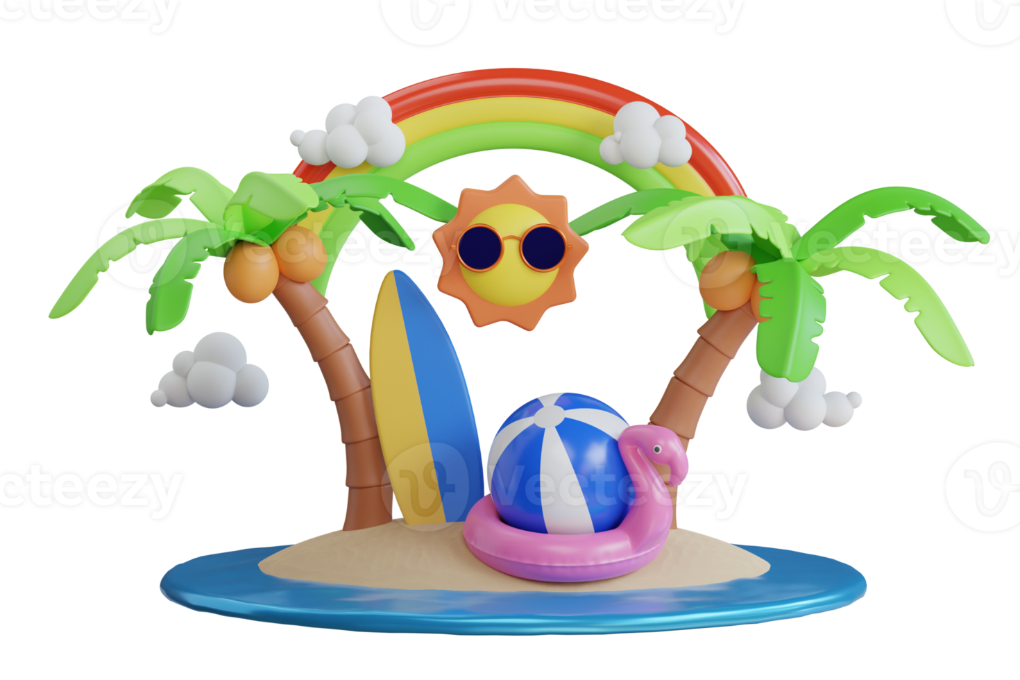 3d rendering of summer vacation concept. colorful beach elements. 3d render scene tropical palm tree, sun, rainbow, cloud, Flamingo inflatable toy. Tropic beach objects, Holiday web poster. png