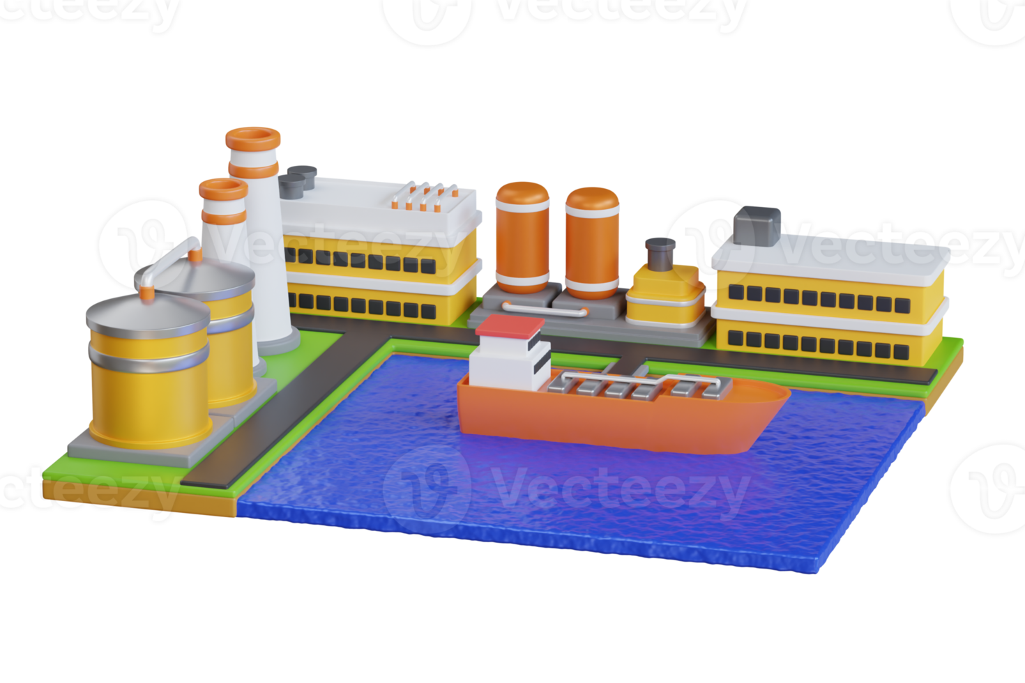 carga Puerto petróleo deposito con petrolero barco. petrolero cargando petróleo a crudo petróleo comercio Terminal. buque abastecimiento de combustible a petróleo almacenamiento. 3d ilustración png