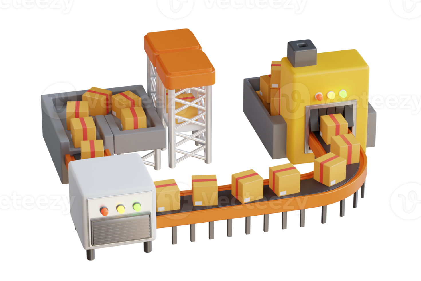 armazém com cartão caixas dentro em paletes prateleiras. cinto transportador com queda cartão caixas. industrial fábrica envio carga enviar o negócio conceito. 3d ilustração png