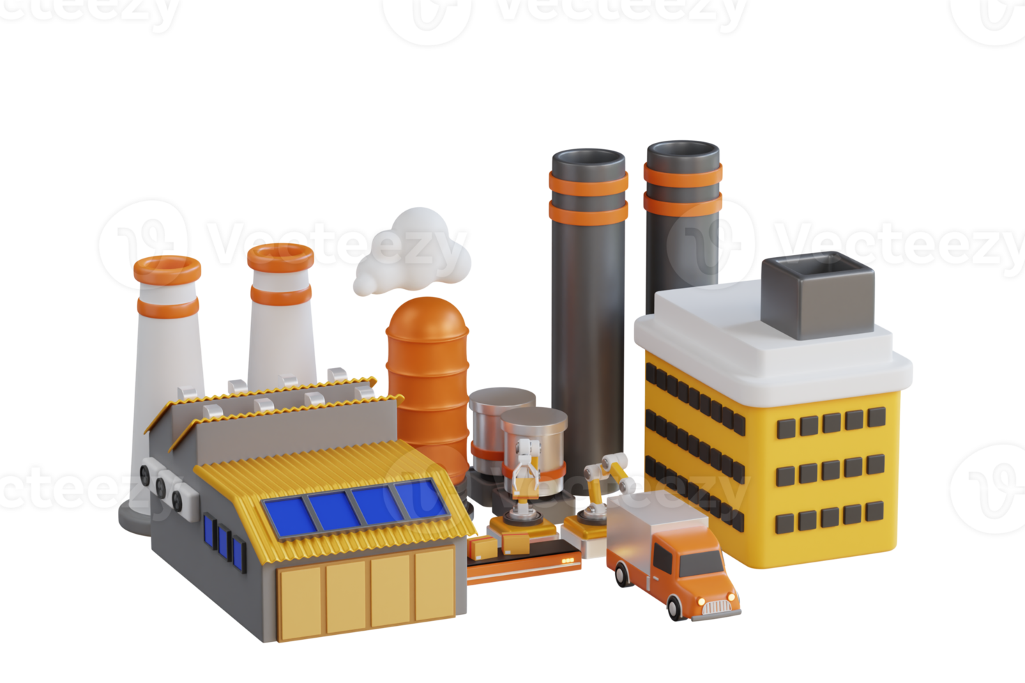 3D Illustration of Industrial Factory Building. representing factory buildings with industrial structures. representing factory building with chimneys, warehouses, transport trucks. png