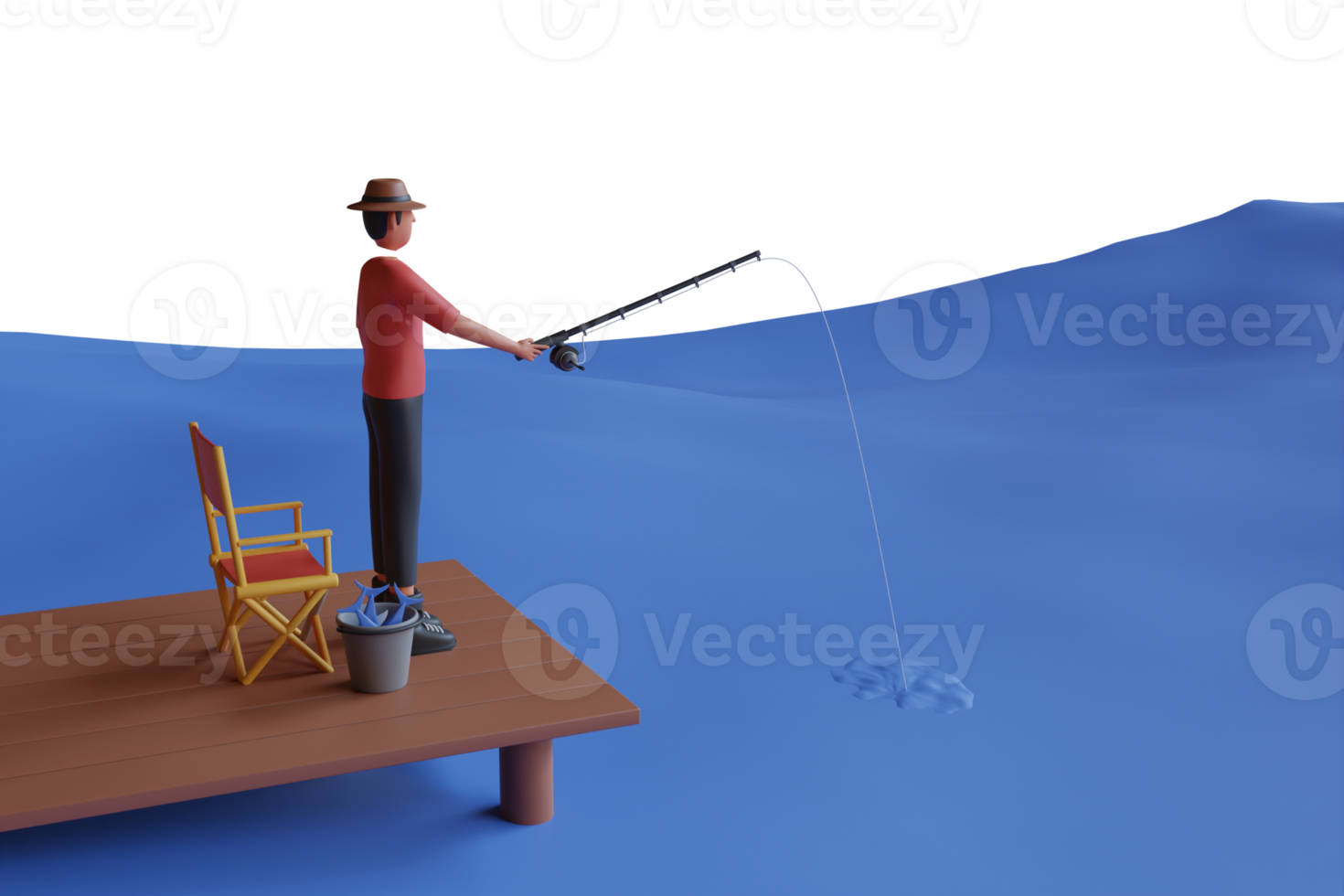 3D Illustration of man fishing in the lake. man is fishing in a pond with a fishing rod in his hands.  Fishing, nature, solitude, hobby, vacation concept. png