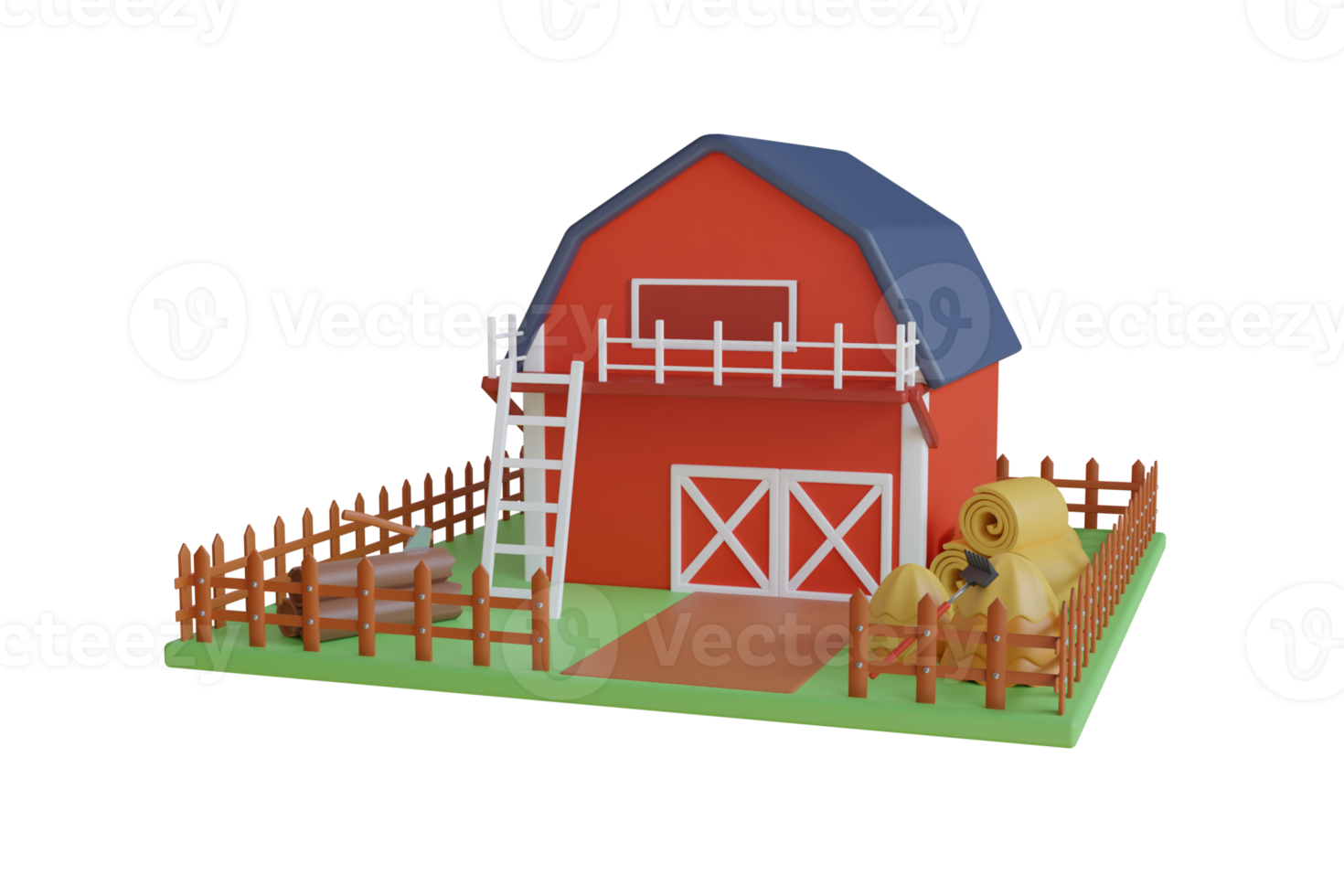 platteland schuur magazijn opslag. boerderij gebouw. rood houten schuur met driehoekig grijs dak, ramen en Open deuren. 3d illustratie png