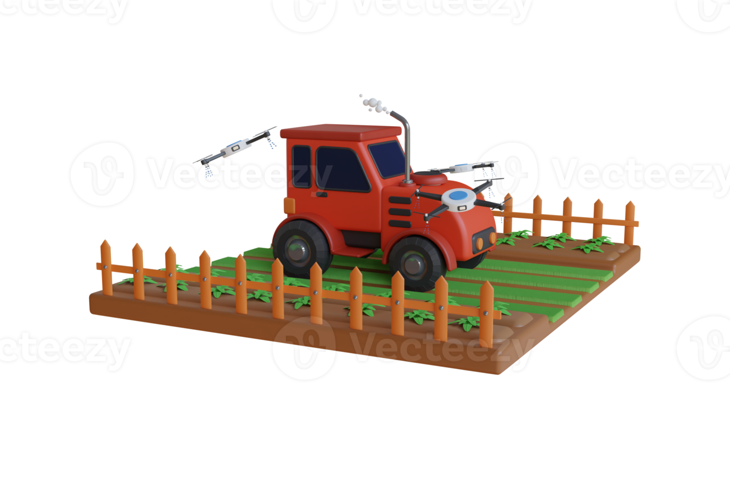 3d illustrazione di inteligente agricoltura concetto. trattore su pezzo di terra con azienda agricola prato e raccolti. azienda agricola con trattore e drone. 3d illustrazione png