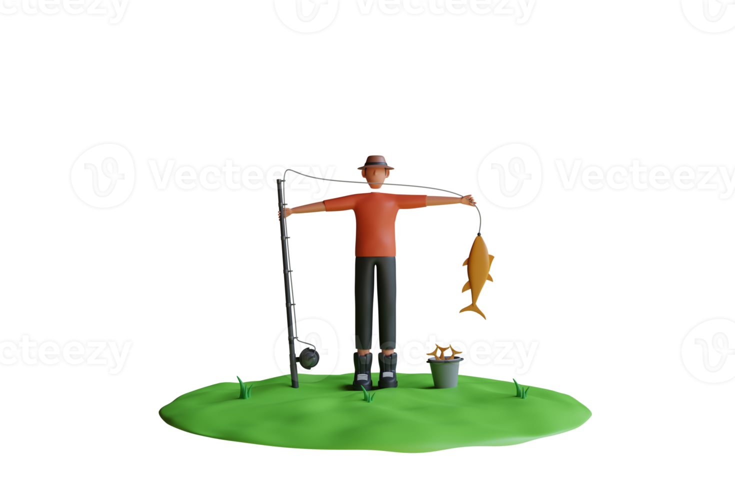 man is catching fish from his fishing rod. Man holds up his fish catch . 3d illustration