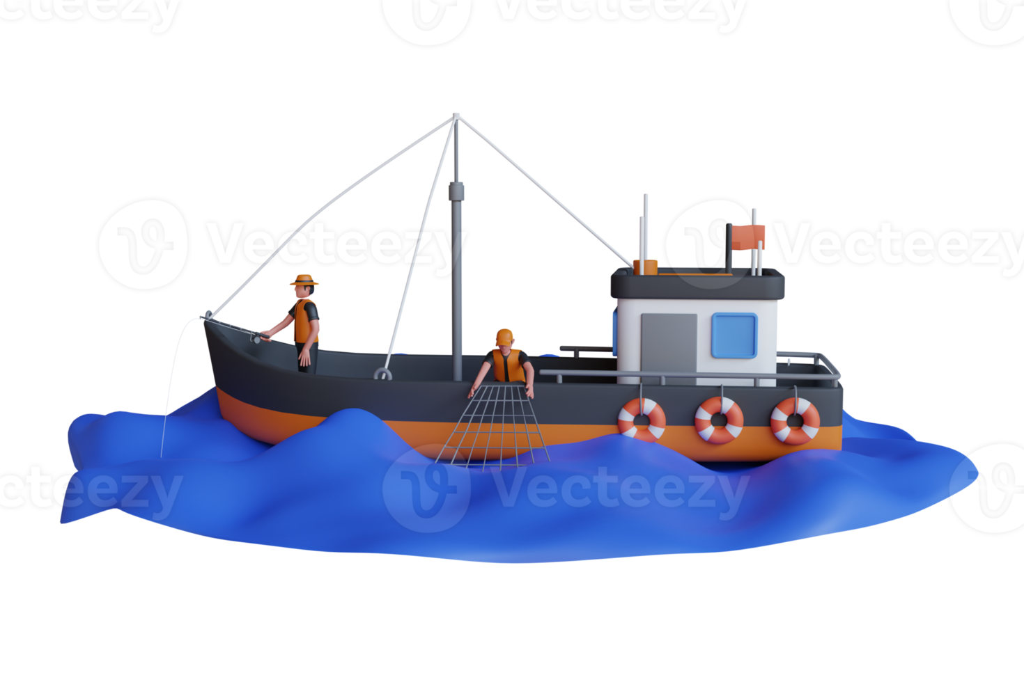 3D Illustration of Man fishing on the boat .catching fish seafood and using net. fishing boat on water disk. Fishing boat and fisherman. 3d illustration png