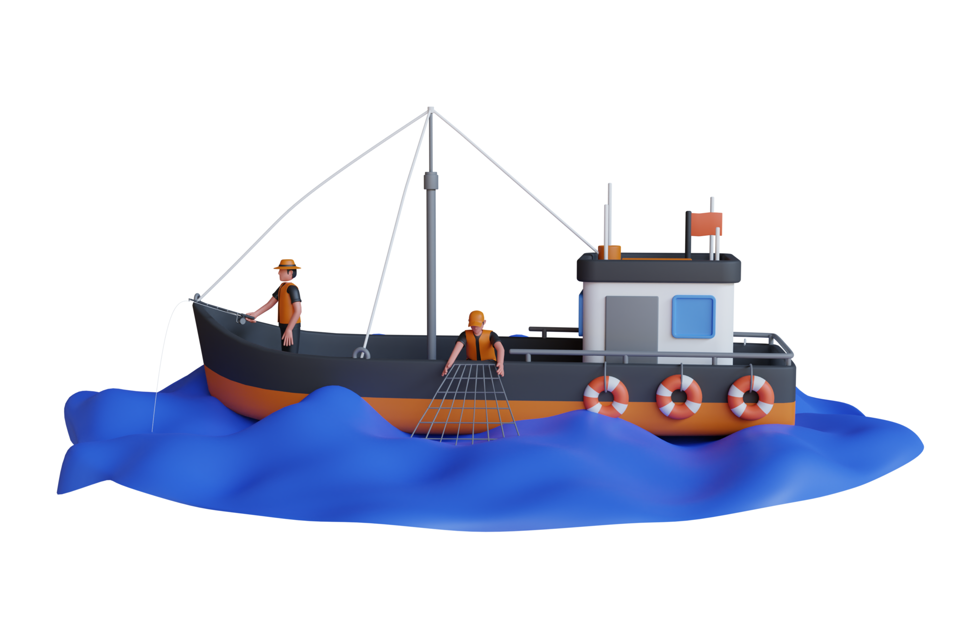 3D Illustration of Man fishing on the boat .catching fish seafood