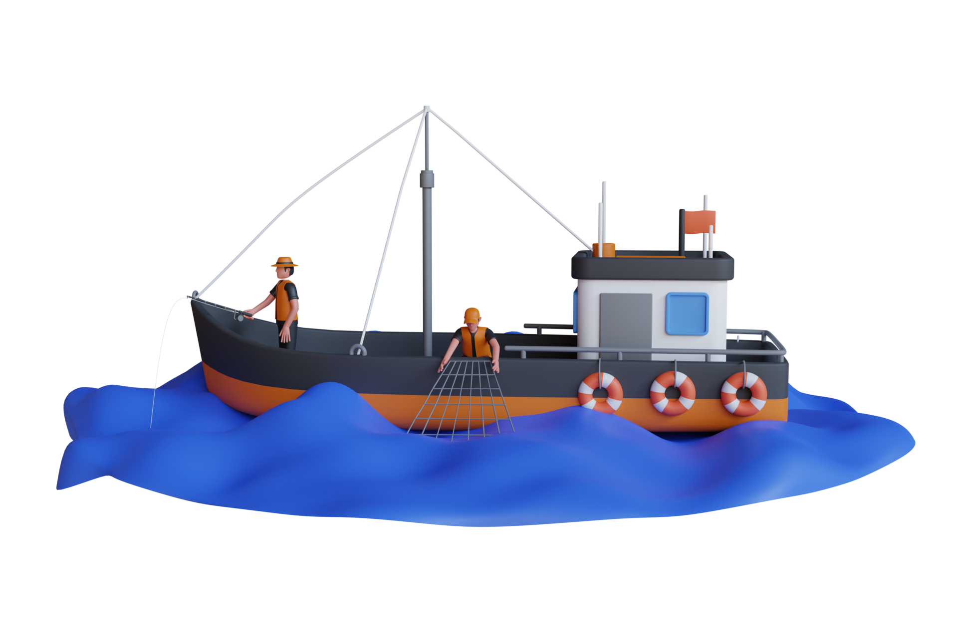 3D Illustration of Man fishing on the boat .catching fish seafood and