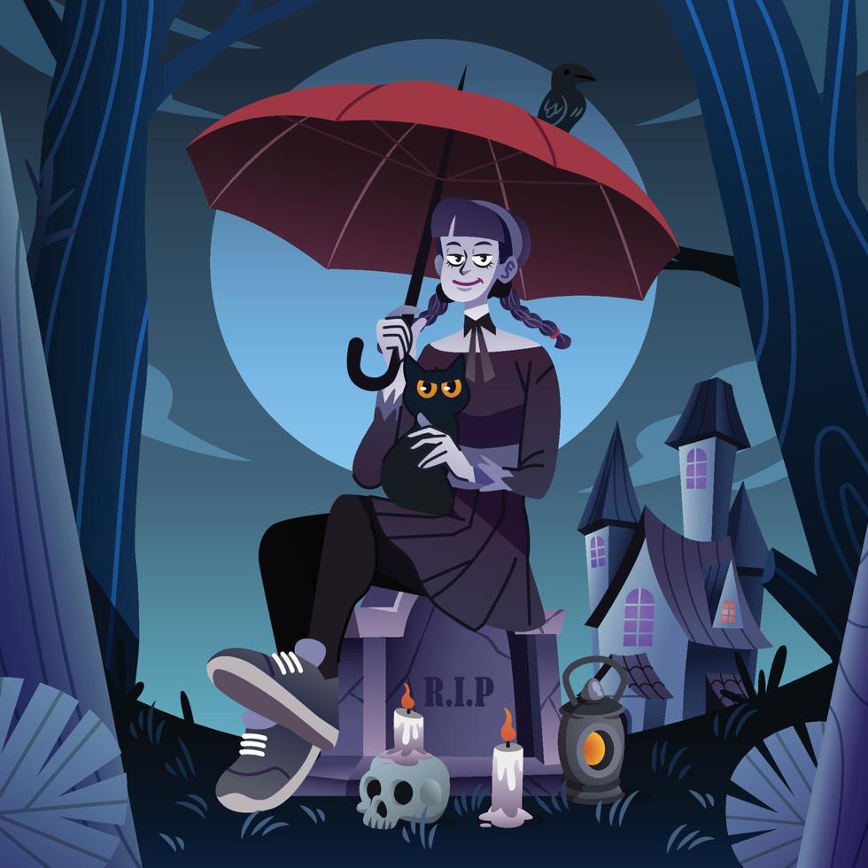 A Gothic Girl Sitting On A Tombstone With Her Cat And Crow vector