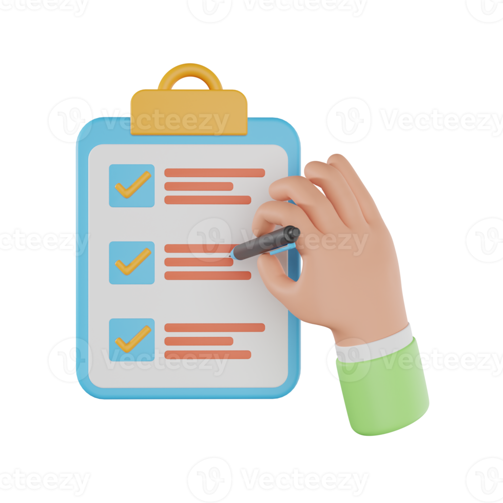 3d hand holding clipboard with checklist and marker. Hand holding checklist on a clipboard paper. 3d rendering png