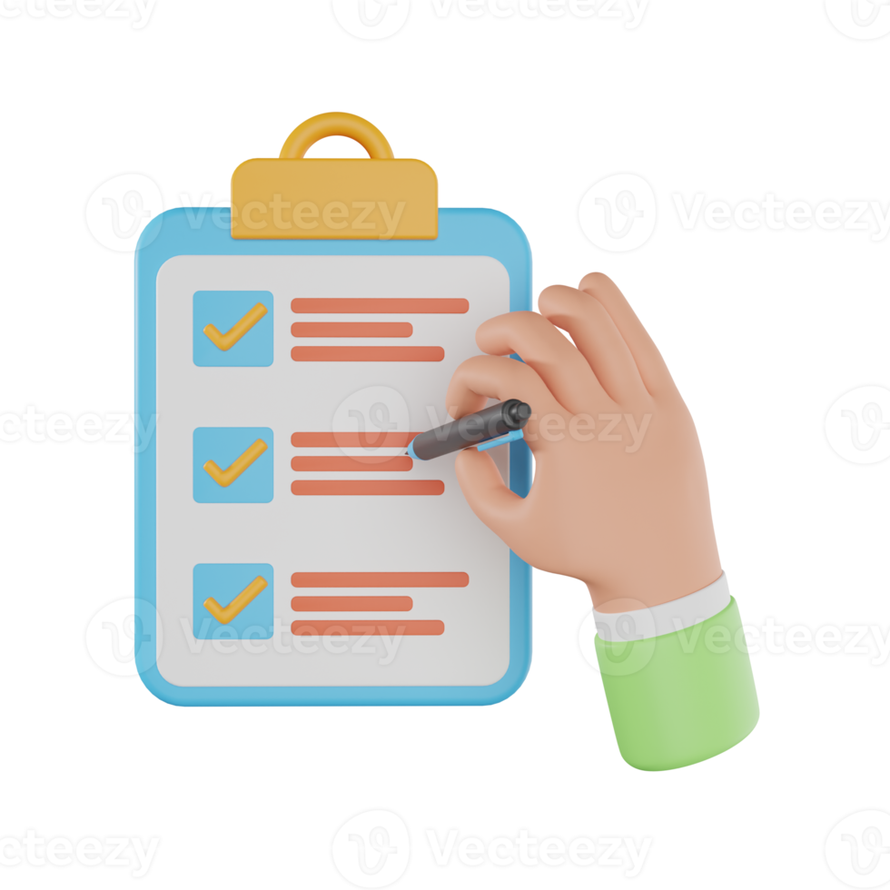 3d mão segurando prancheta com lista de controle e marcador. mão segurando lista de controle em uma prancheta papel. 3d Renderização png