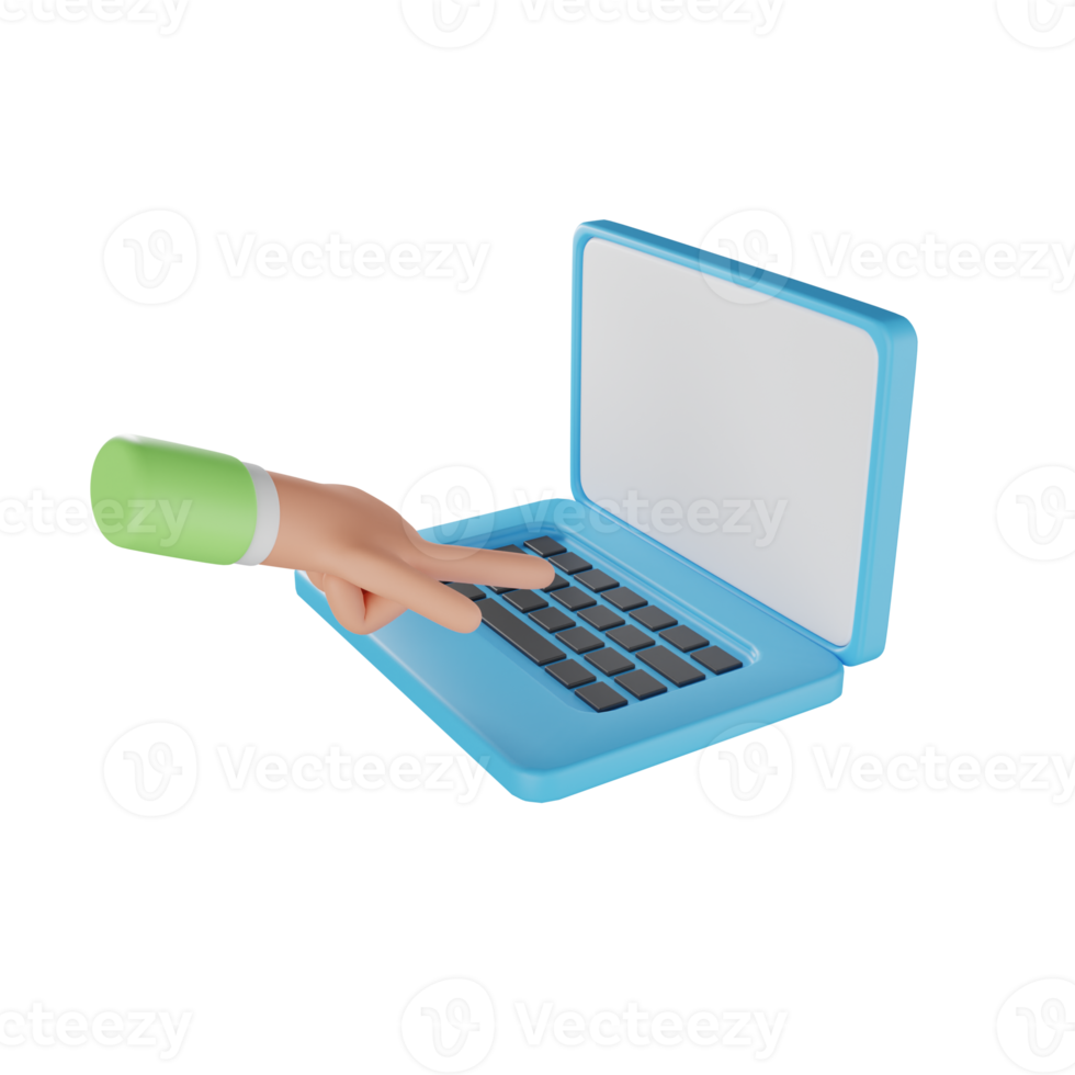 3D hand holding icon work using a laptop. Character's hands are working at the laptop. 3d illustration of hand holding laptop. 3d rendering png