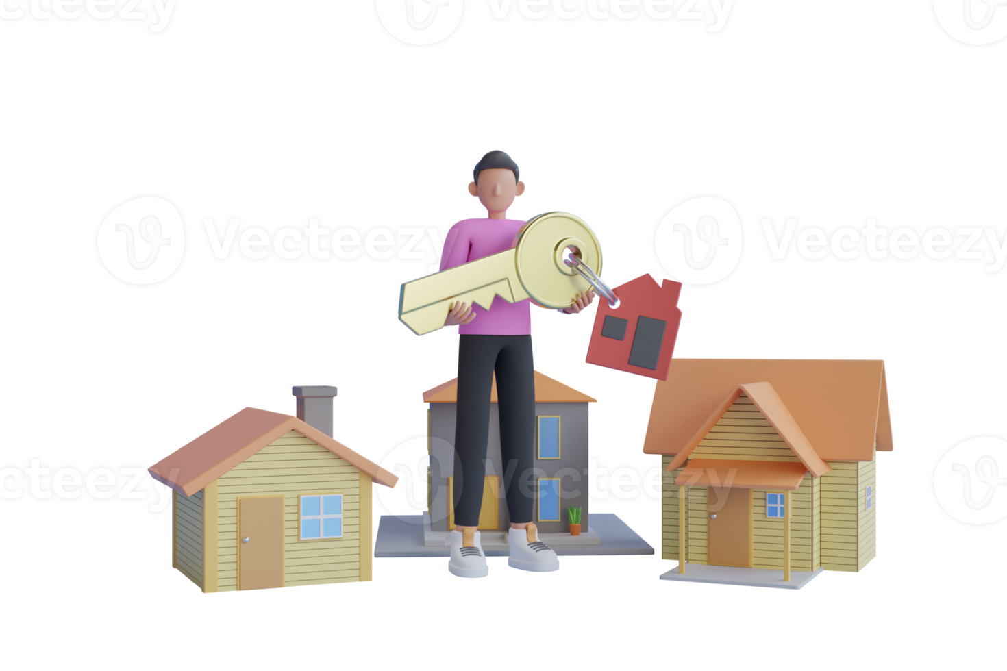 3d model house symbol set and key.  real estate and property concept. Symbol of the house with gold key png