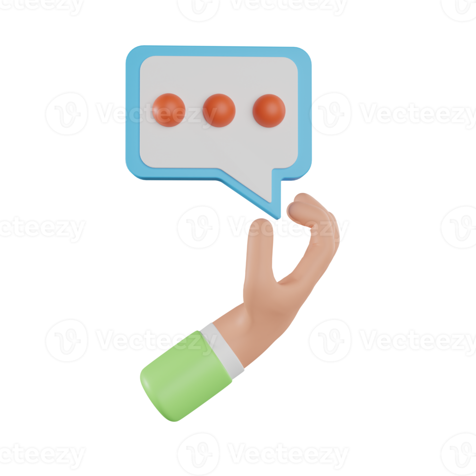 3d hand holding a bubble talk sign. 3d hand holding chat bubble icon. Message in fingers, communication concept. 3d rendering png