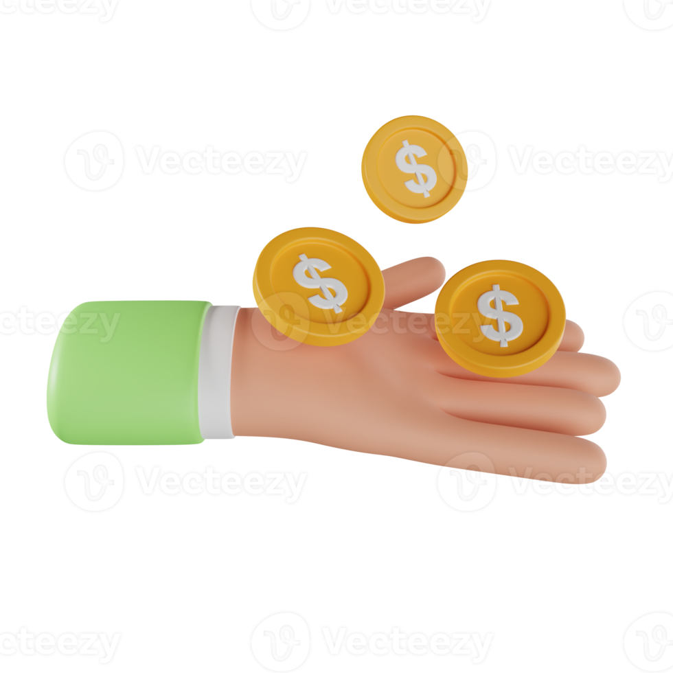 3D Hand holding coin stack. Saving money concept. Payment and Cash back. Money investment and business commerce. 3d rendering png