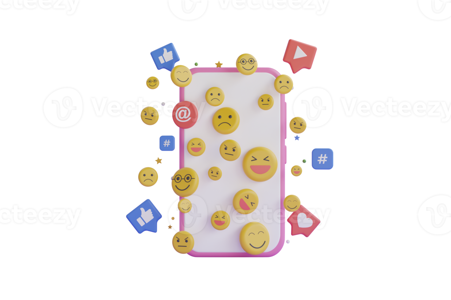 Smartphone com emoji ícones. social meios de comunicação conceito. 3d social meios de comunicação plataforma, conectados social comunicação formulários conceito, emoji, corações, bater papo. 3d Renderização png