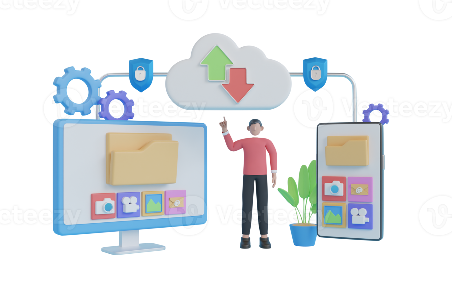 3d illustratie van Bezig met verzenden bestanden van mobiel telefoon naar laptop. overbrengen digitaal documenten naar de computer. bestanden overdracht bescherming. 3d renderen png