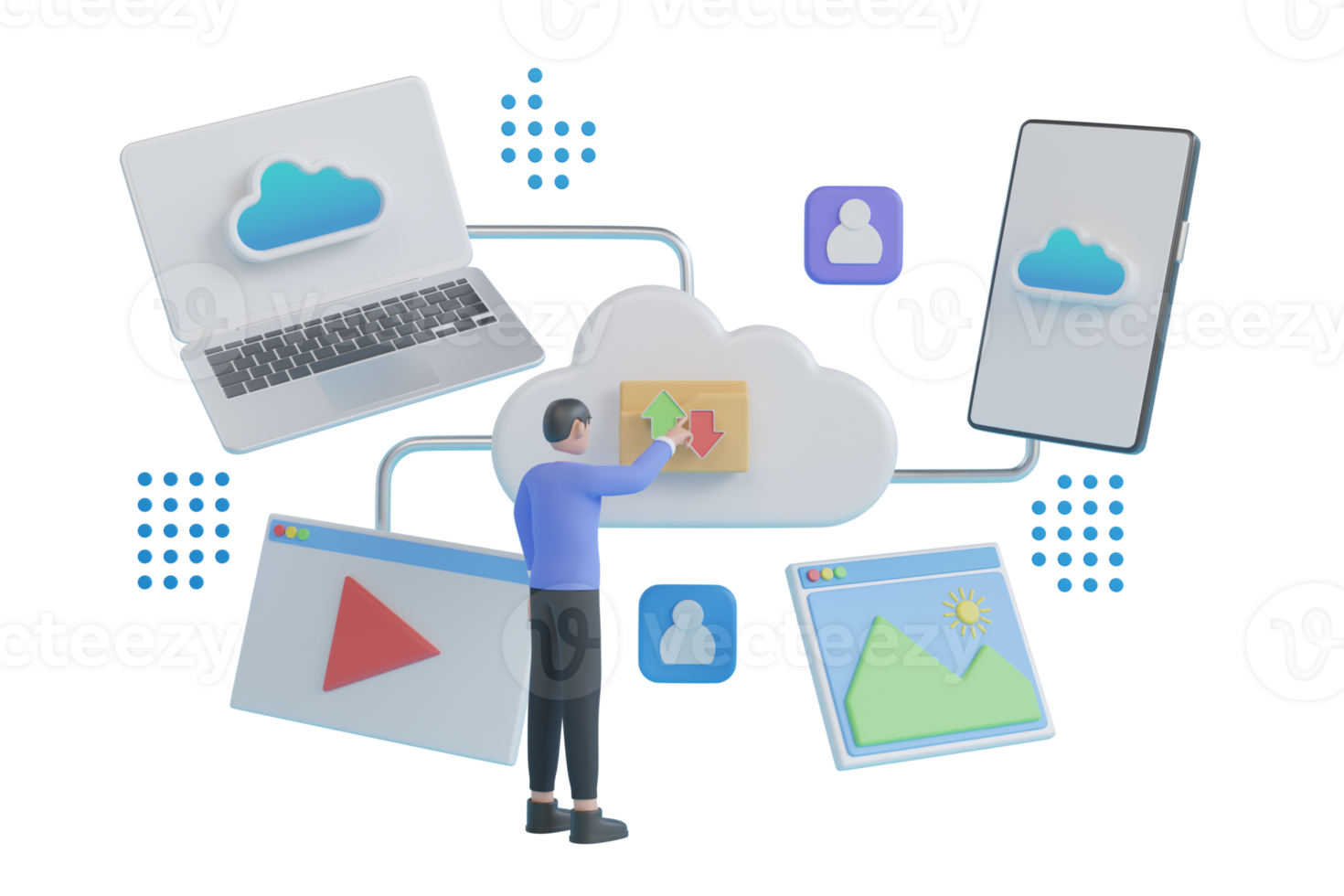 3D Cloud computing upload and download data online service.Hosting provider, Data backup, Cloud computing. Big cloud with connected computer, phone, tablet, media player. 3d rendering png