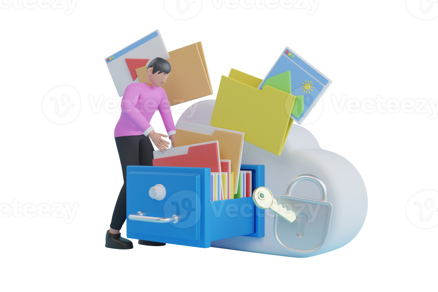 3d illustration of Cloud data storage. Businessman put in document drawer folder in cloud-shaped cabinet. File storage in cloud. cloud service online media file data backup storage. png