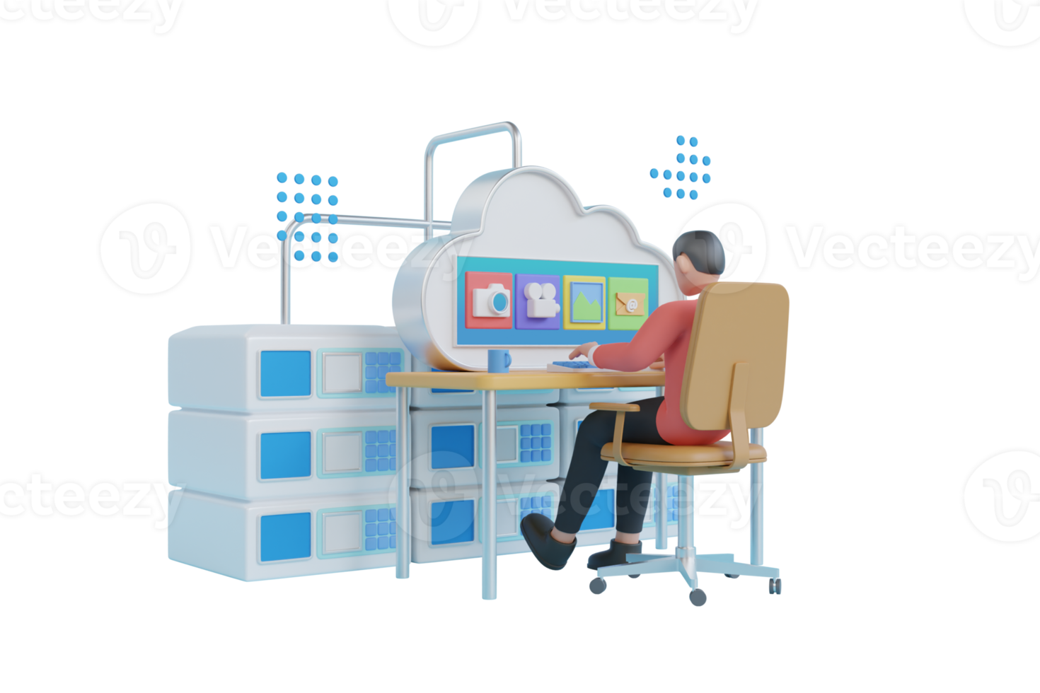 3D Cloud storage library shelf and people on the ladders upload download folder data disc information. Cloud server. Online data storage. 3d rendering png