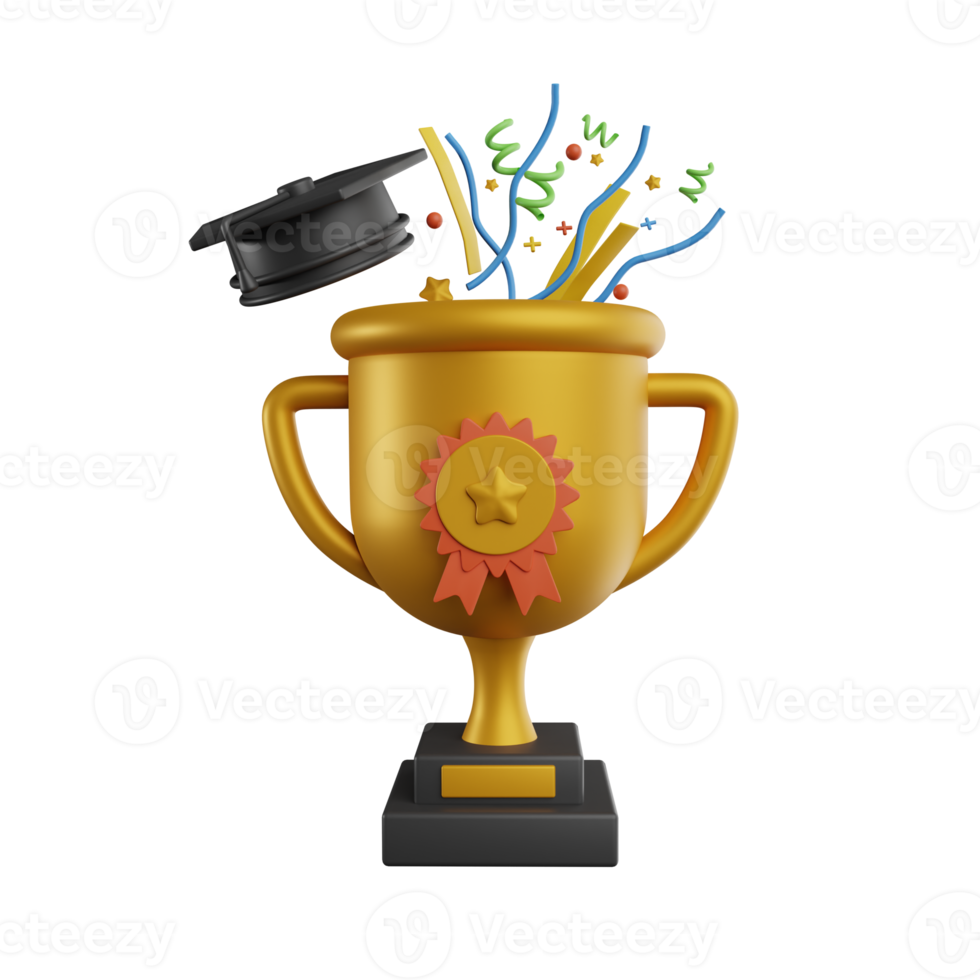 3D Golden cup icon. Achievement in education, study award, successful student, excellent academic performance. Gold goblet for contest or competition, 3d render png