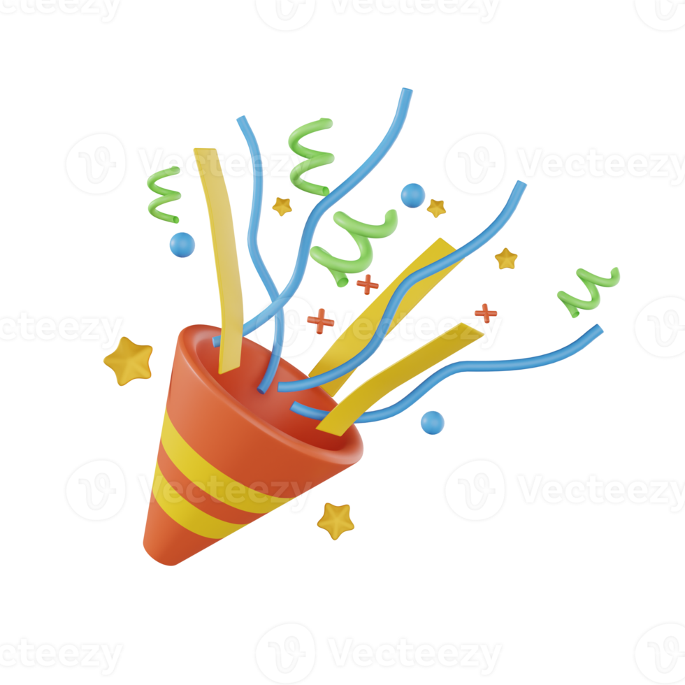 3D Firecracker with confetti. 3d Party Popper with Confetti Plasticine Cartoon Style Symbol of Surprise png