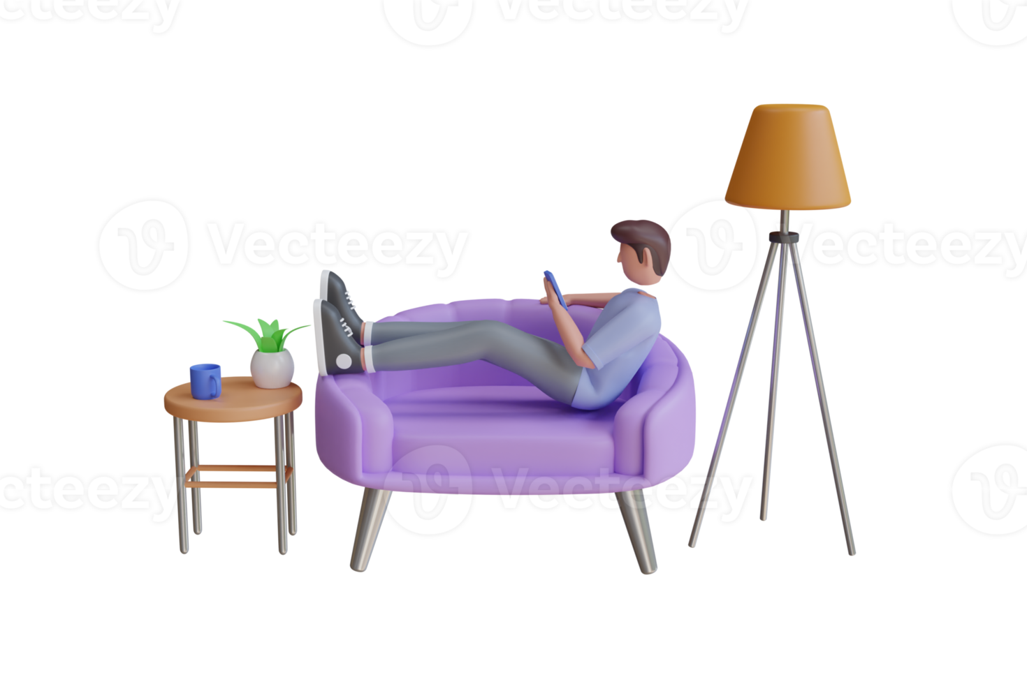 Mens zittend Aan een stoel met een telefoon in zijn handen. Mens kom tot rust Aan sofa en spelen spel. 3d renderen png