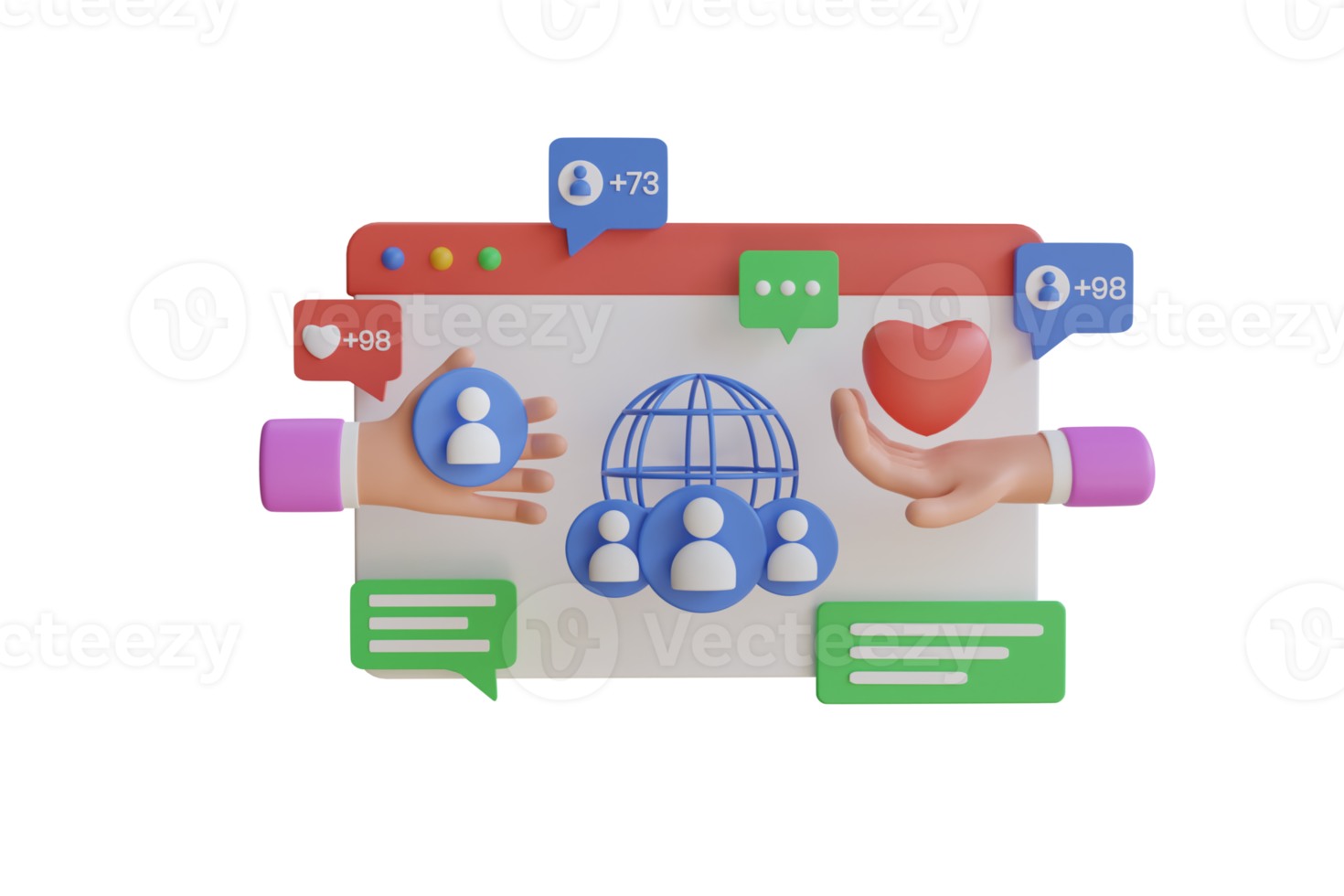 Interaction between people through social networks. Social network user interface with new likes, comments, followers. 3d rendering png