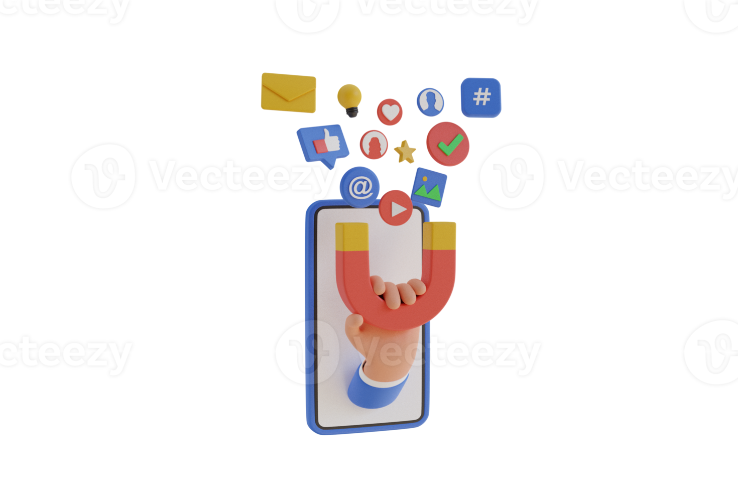 Hand holds a magnet for  Social network promotion. Digital social marketing. Mobile phone with social network interface. 3d rendering png