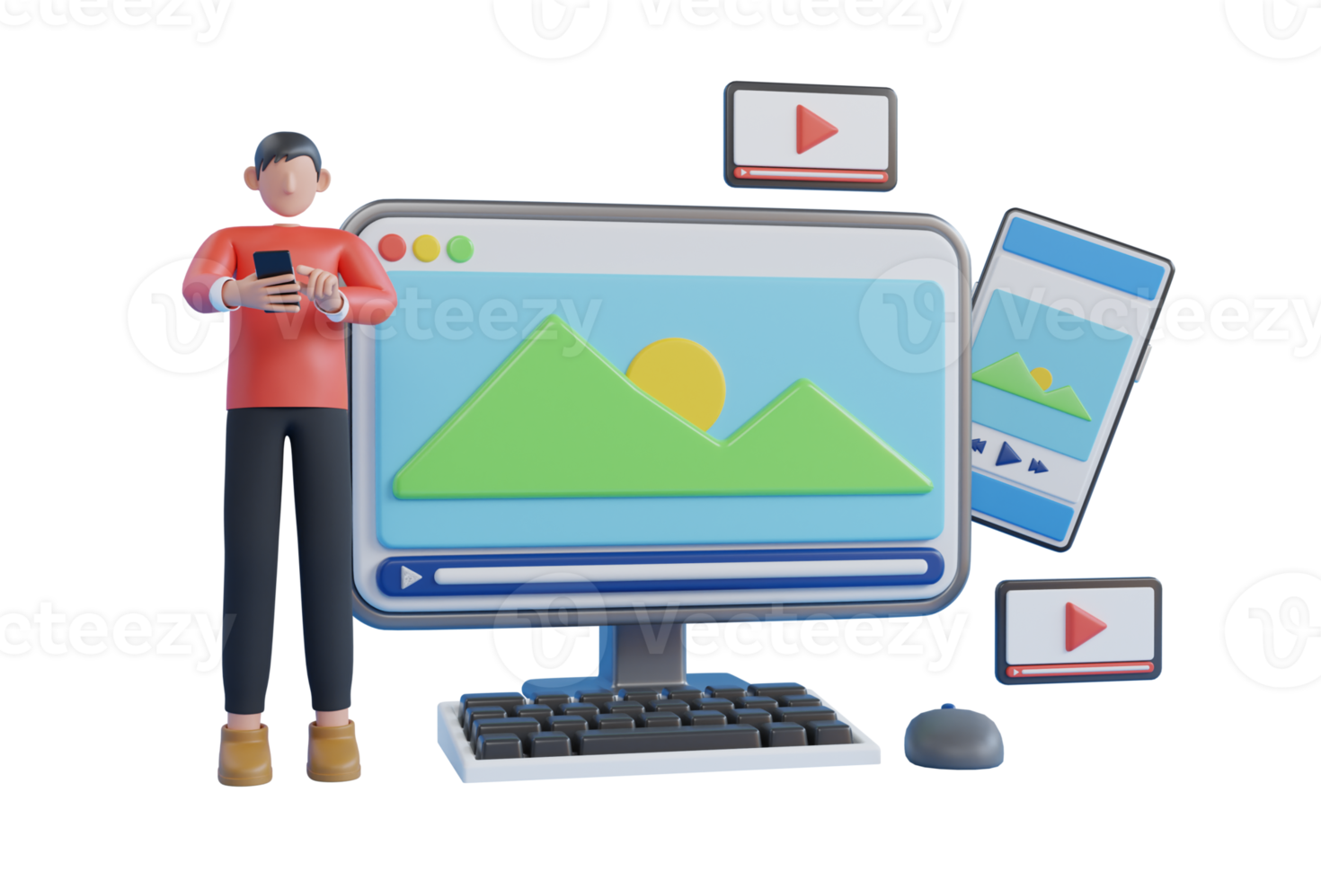 3D Illustration of Content creators, vloggers, bloggers, impact creative media production, video creation, sound, live streaming, social media network studios. 3d rendering png