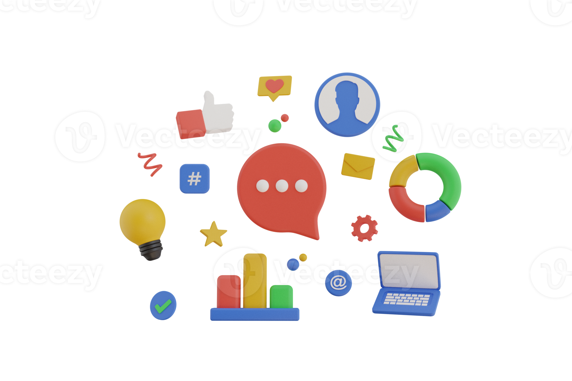 3D speech bubble surrounded by social media elements. Concept of verbal