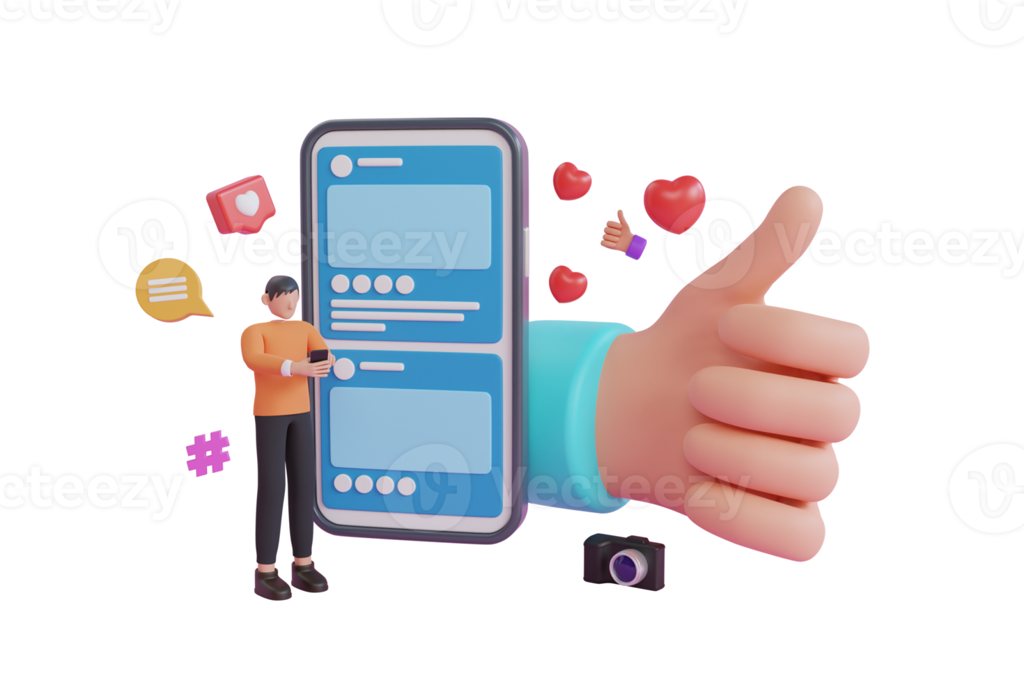 Concept of like at social network, success or good feedback. Cartoon human hand with thumb. 3D social media online platform concept. 3d rendering png