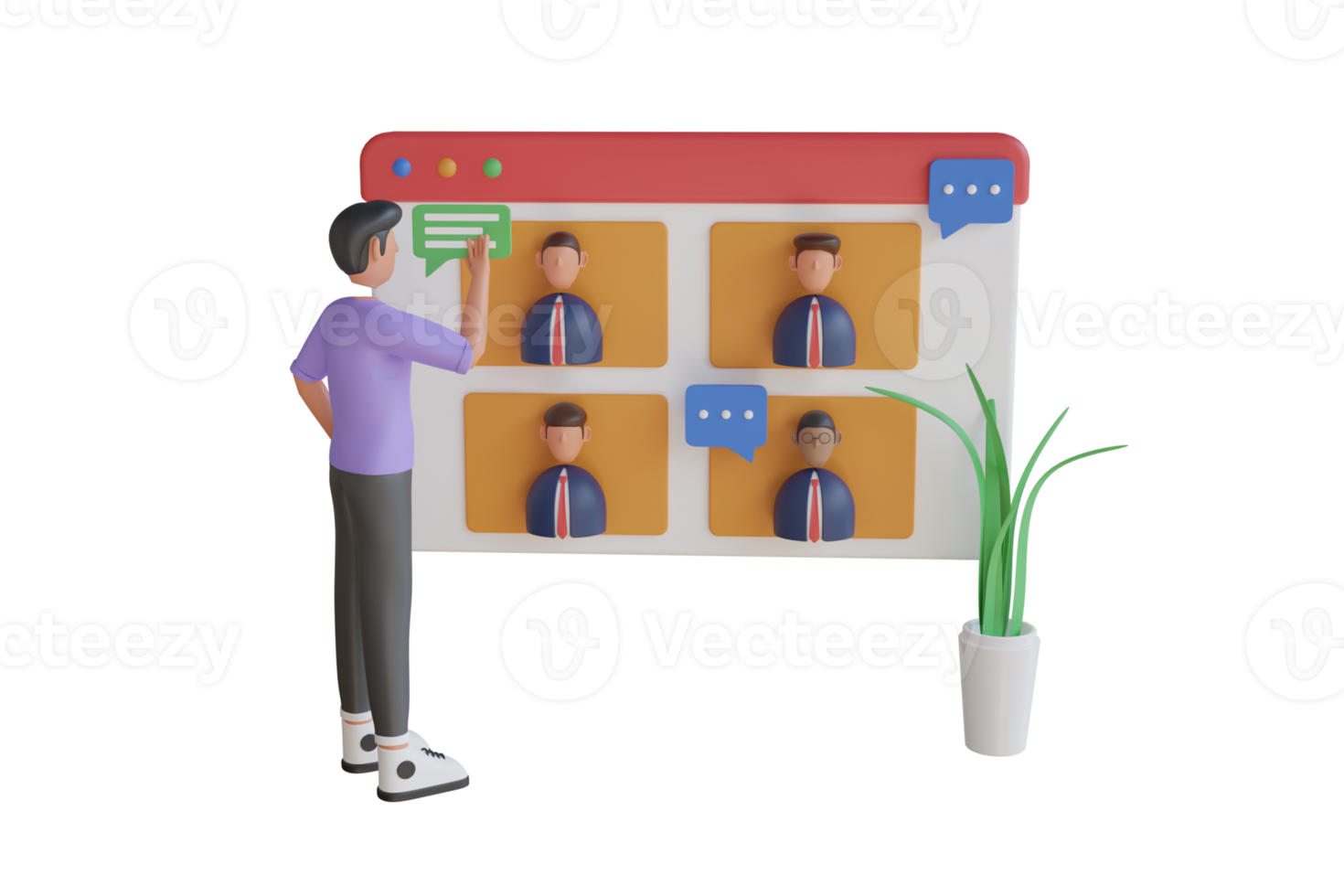 3d illustration av video konferens, uppkopplad möte, arbete form Hem. människor på dator skärm tar med kollega. 3d tolkning png