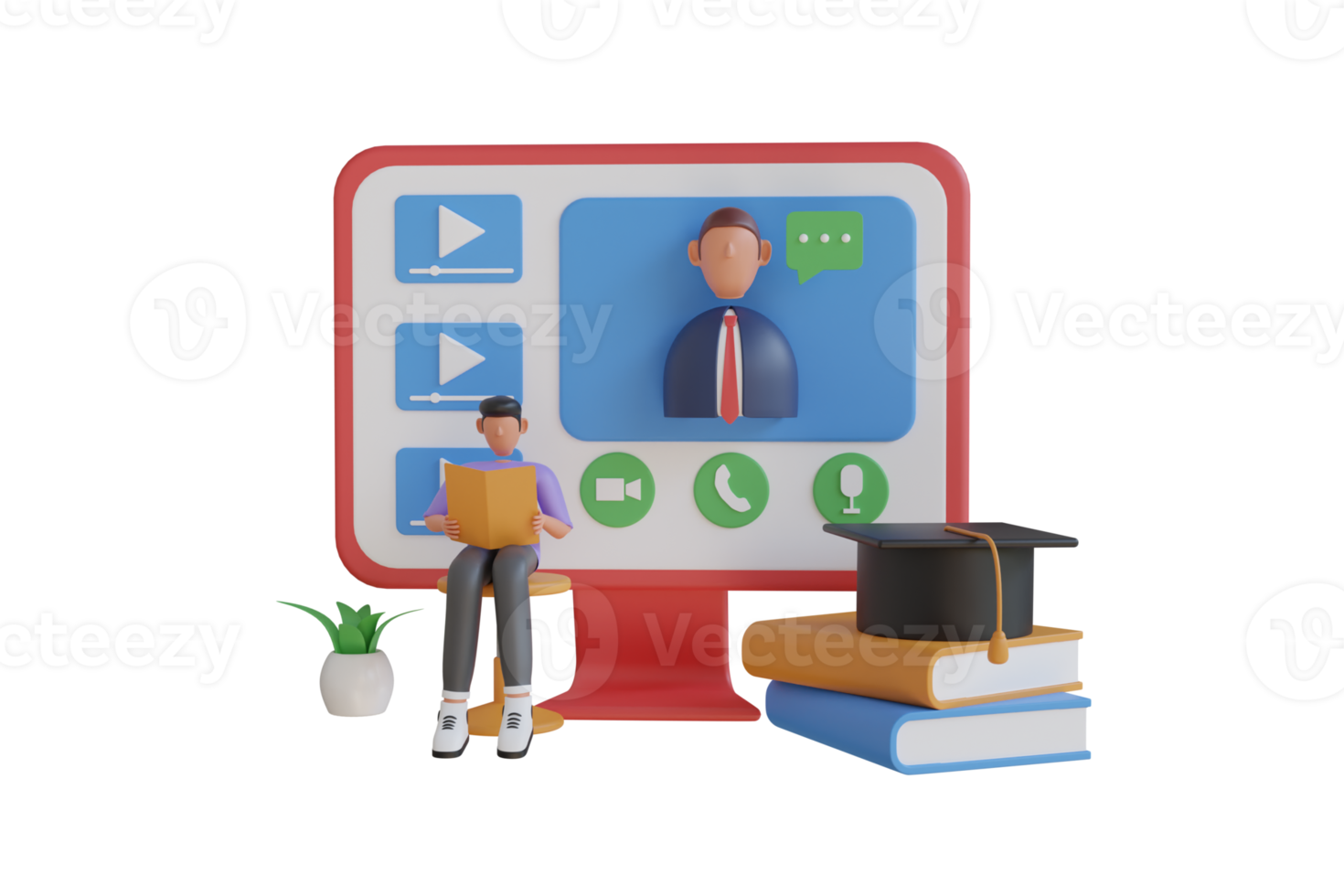 Online Exam Test 3D Illustration. 3d online exam or course concept with books and computer. Online questionnaire. Exam quiz application, people in online voting. 3d illustration png