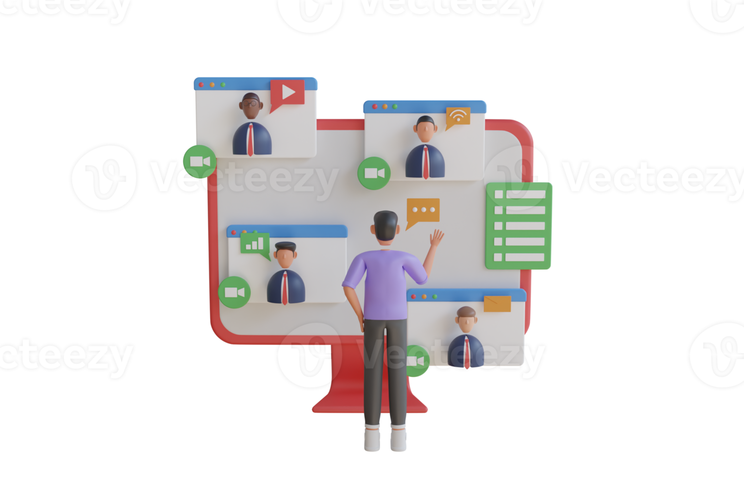 3d ilustração do conectados vídeo reunião, controlo remoto trabalhando a partir de lar. comunicação através da a Internet. pessoas às o negócio treinamento. 3d Renderização png