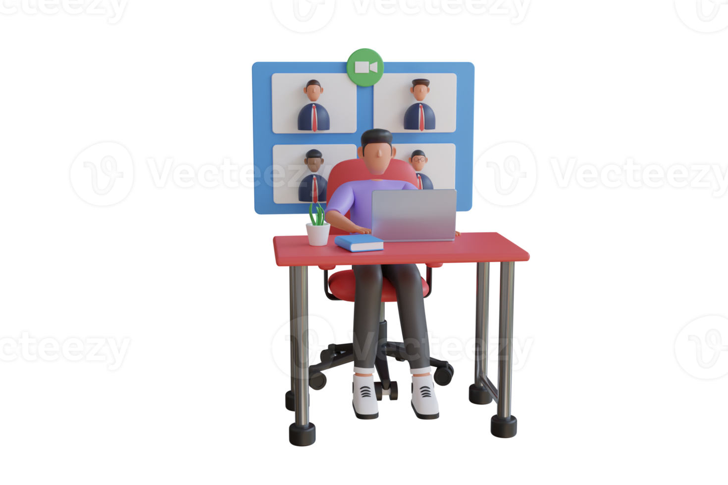 3D illustration of online work conference. Online meeting, virtual conference, video call, briefing, teleconference, web video conference. 3d rendering png