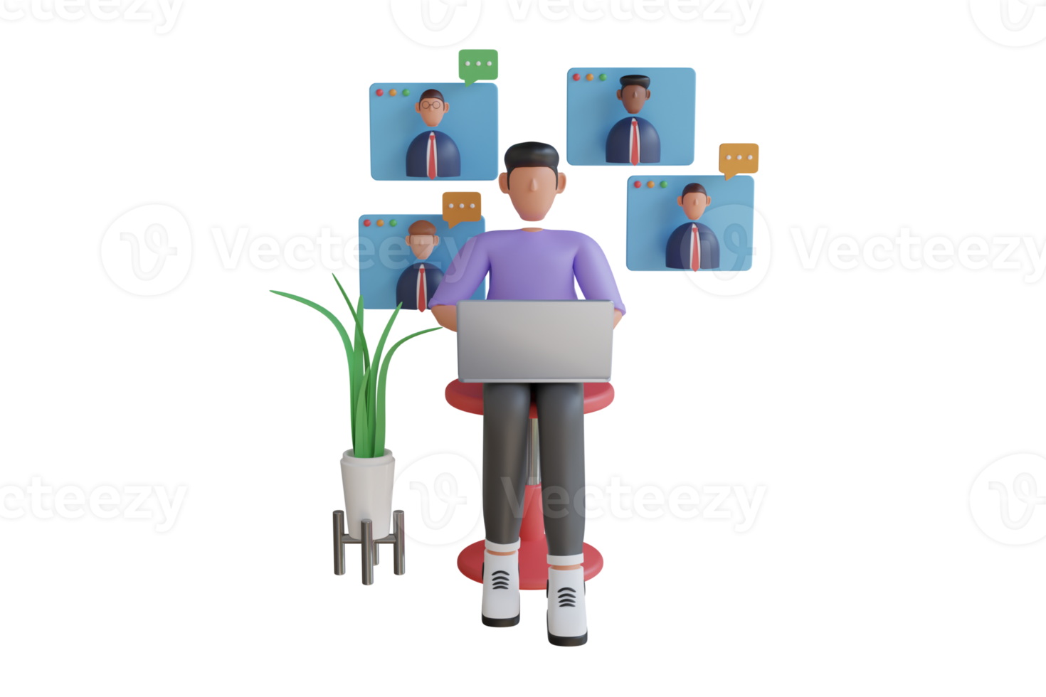 3D Illustration of Video Conferene, Online Meeting, Work Form Home. People on computer screen taking with colleague. 3d rendering png