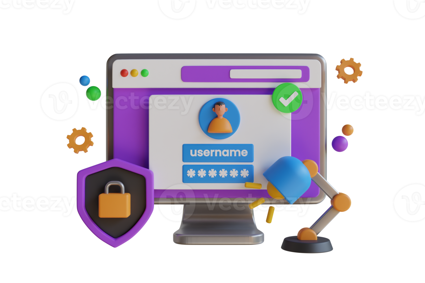 Login and password concept 3D illustration. Computer and account login and password form page on screen. Sign in to account, user authorization, login authentication page concept. png