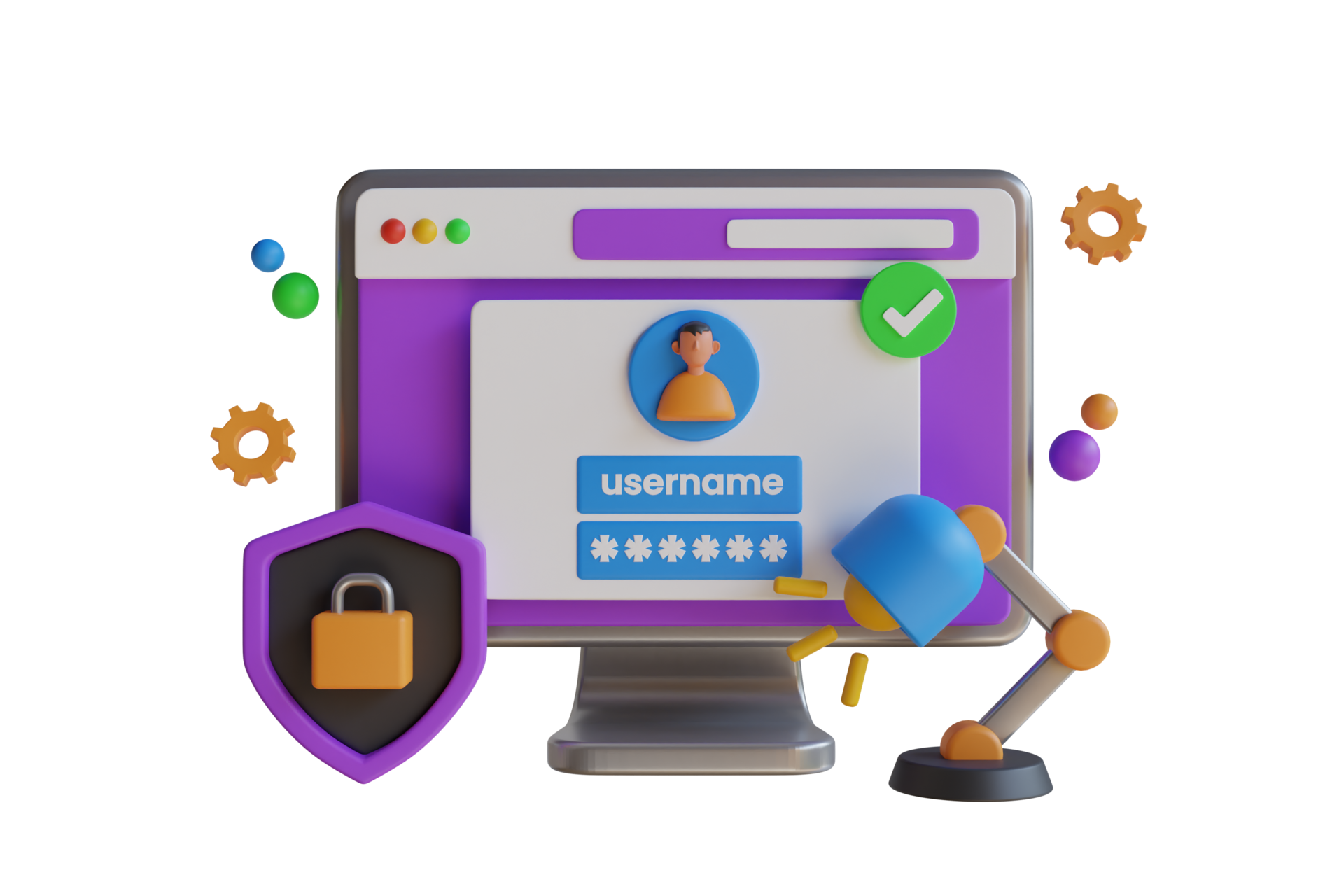Login and password concept 3D illustration. Computer and account login